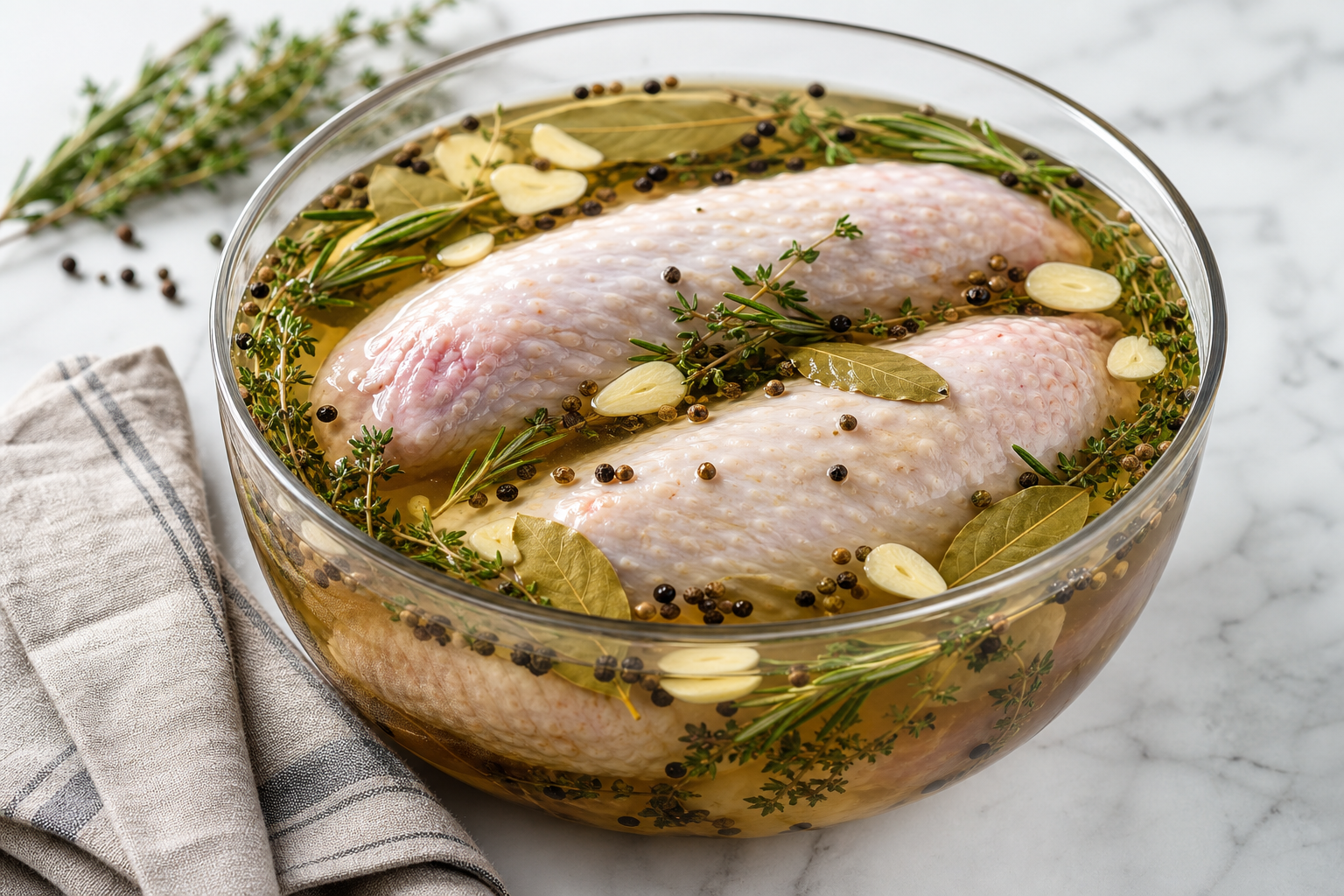 Turkey wings submerged in a herb and spice brine inside a large glass bowl
