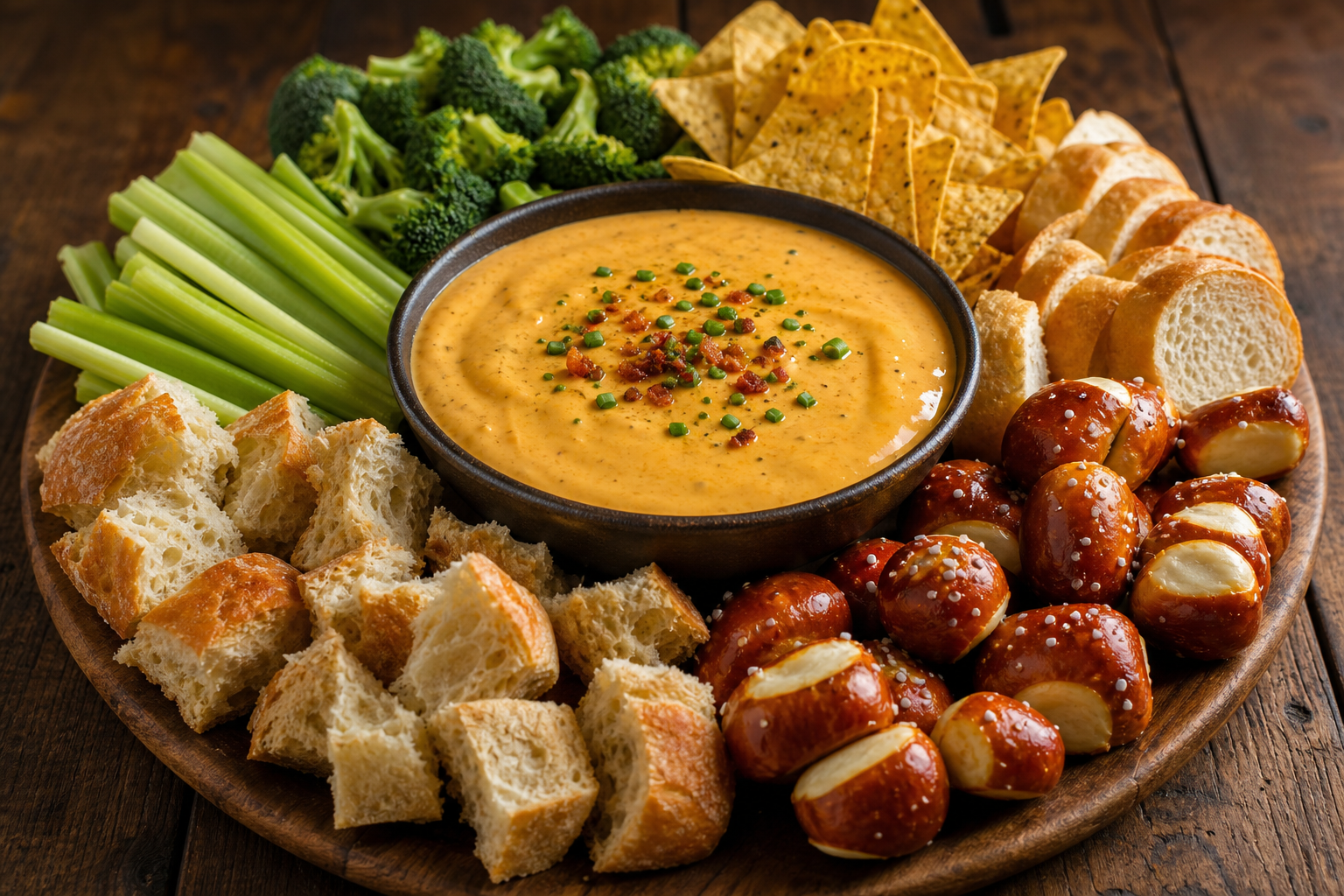 Smoked Beer Cheese Dip for Game Day on a Budget 11 Assorted budget-friendly dippers arranged around a bowl of beer cheese dip on a wooden board