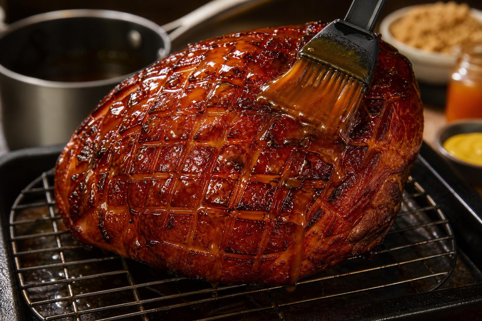 How to Double-Smoke a Pre-Cooked Ham or Roast for More Flavor 13 Silicone brush applying a thick shiny glaze onto a scored smoked ham on a wire rack