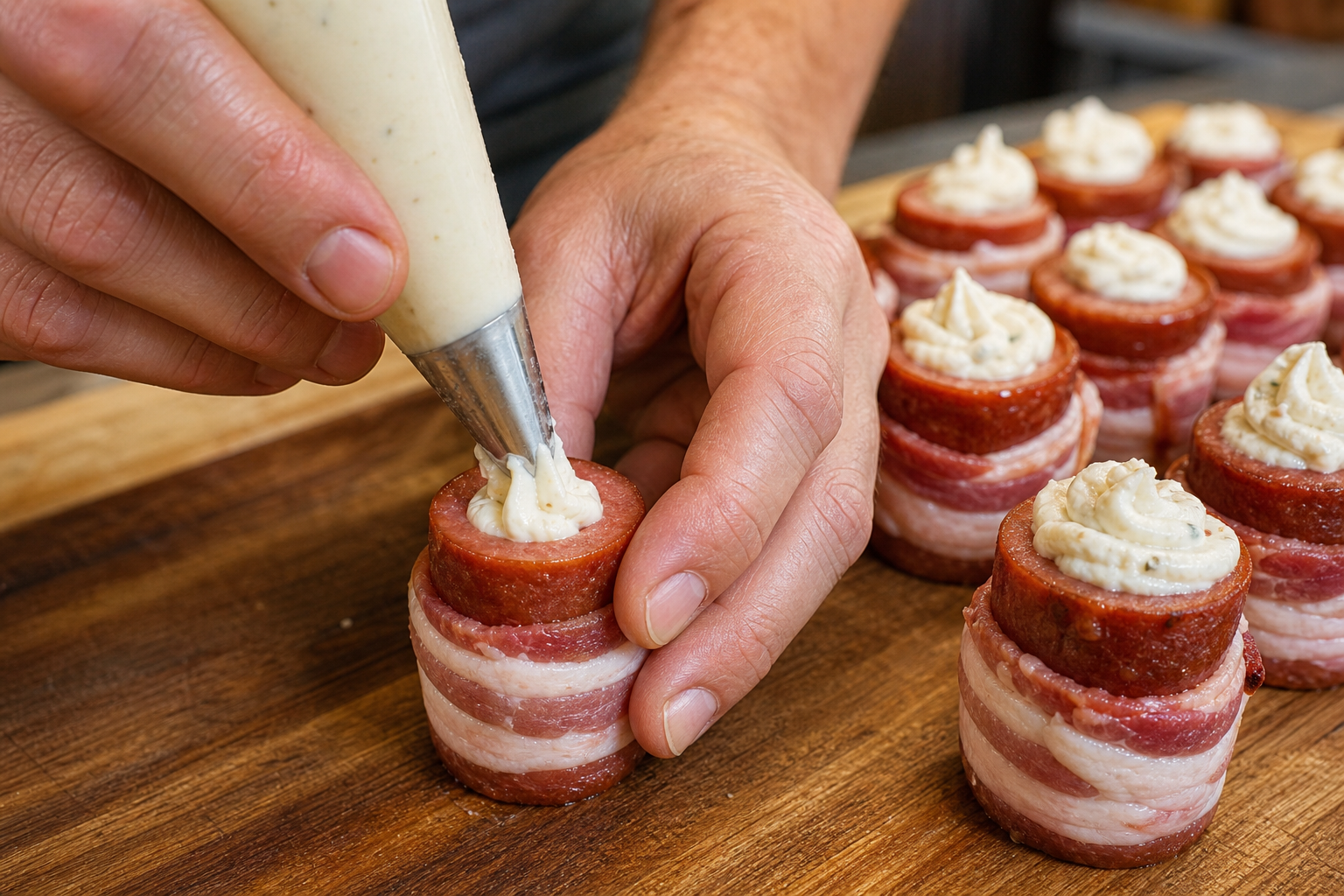 Smoked Pig Shots: The Ultimate Budget Tailgate Bite 9 Hands assembling and filling bacon-wrapped sausage pig shots on a cutting board
