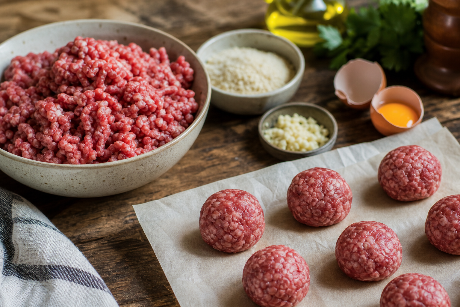 Smoked BBQ Meatballs: A Cheap Party Bite 7 Raw meatball ingredients including ground beef, egg, and breadcrumbs on a wooden countertop with formed raw meatballs