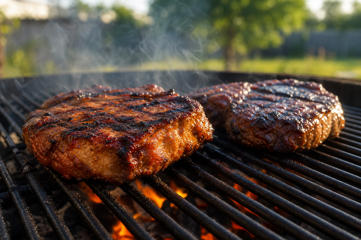 How to Cook a Pork Steak So It's Tender, Not Tough 13 Pork shoulder steaks with grill marks and barbecue glaze cooking over a charcoal grill with glowing embers