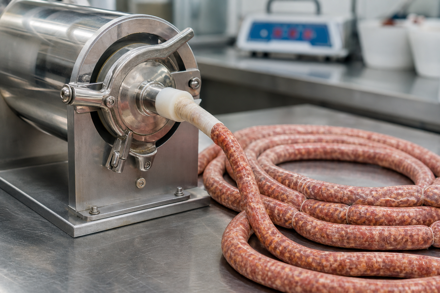 How to Make Snack Sticks From Cheap Ground Meat 11 Sausage stuffer machine filling natural casings with seasoned meat to make snack sticks