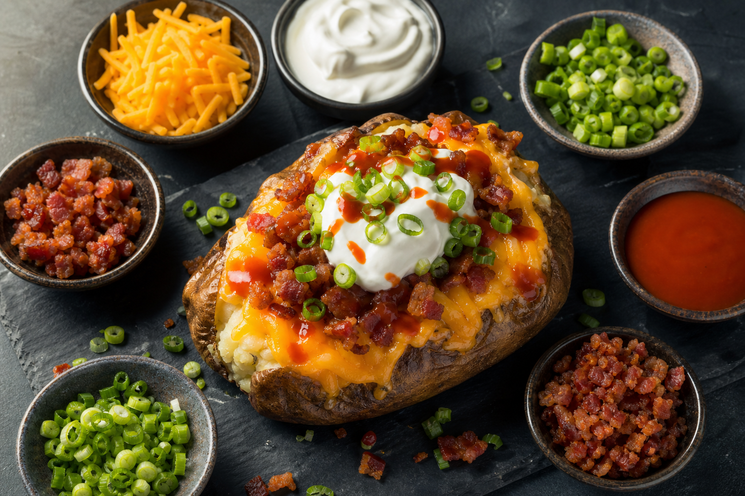 Twice-Smoked Loaded Baked Potatoes as a Cheap BBQ Side 8 Overhead view of a loaded baked potato with cheese, sour cream, bacon, and green onions surrounded by topping bowls