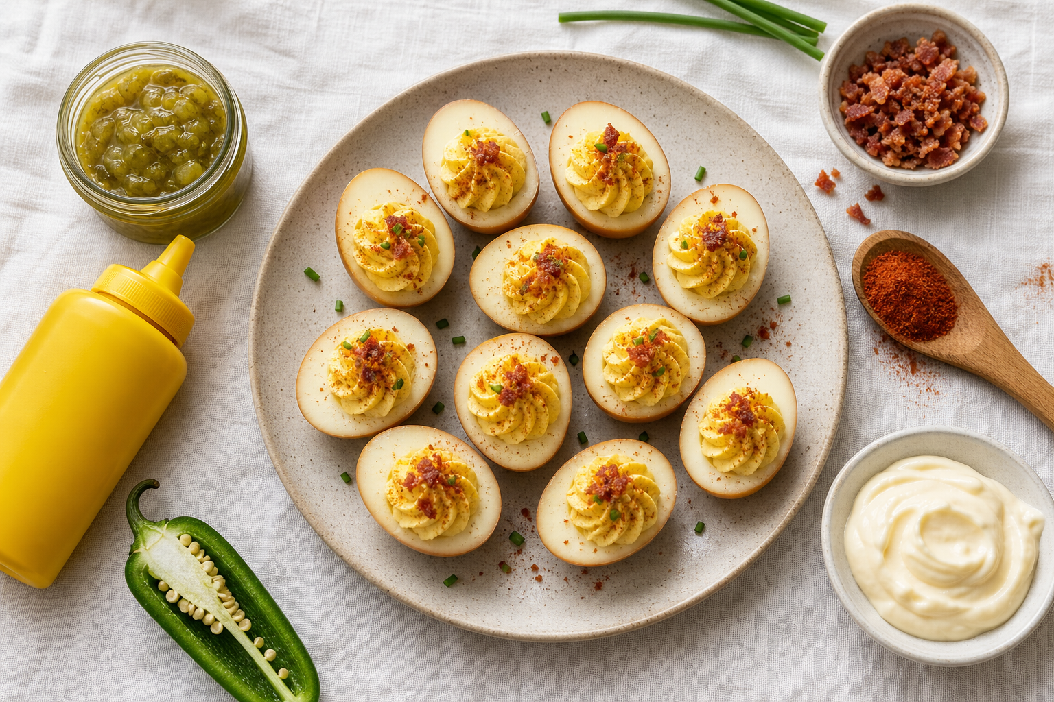Flat lay of affordable deviled egg mix-in ingredients surrounding a plate of finished smoked deviled eggs