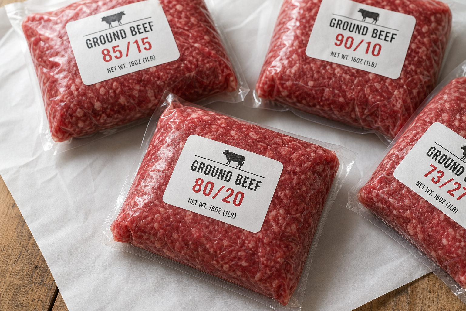 Smoked Meatloaf From Budget Ground Beef 9 Packages of ground beef with different fat content ratios displayed on butcher paper