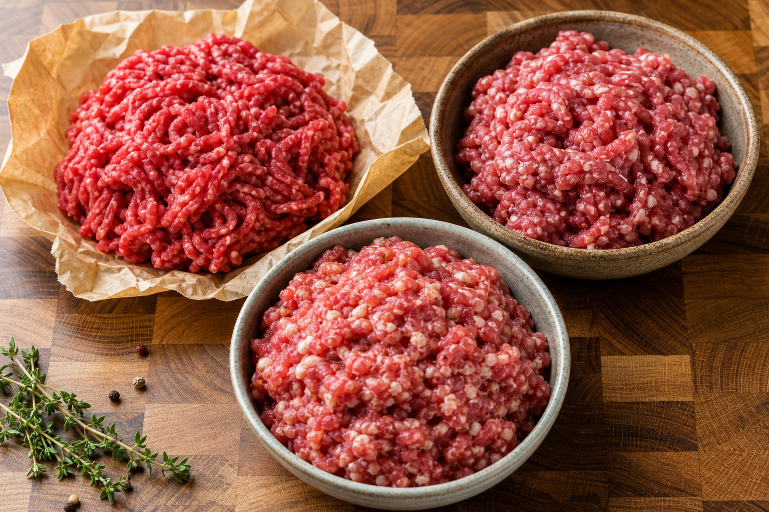 How to Make Snack Sticks From Cheap Ground Meat 8 Different types of raw ground meat portions arranged on a wooden butcher block