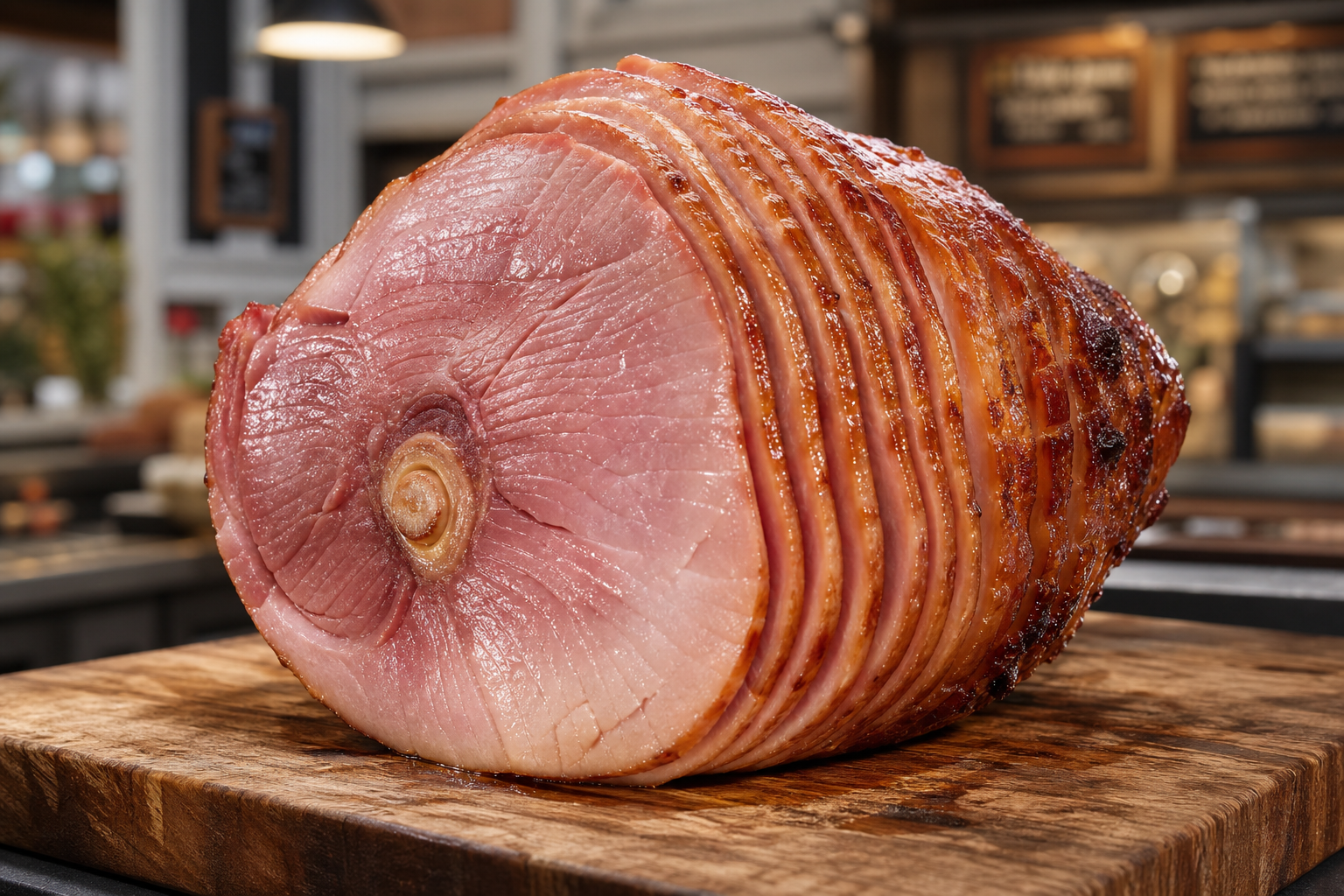 A bone-in spiral-cut ham on a wooden cutting board