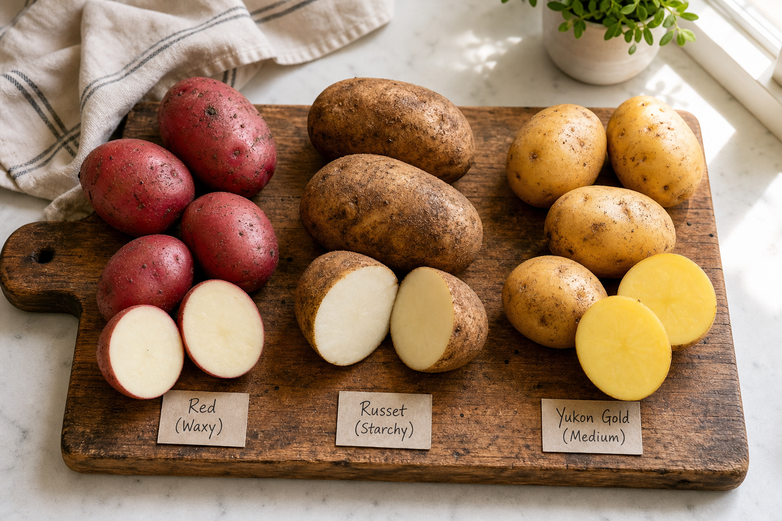 Three varieties of potatoes displayed whole and halved on a wooden cutting board