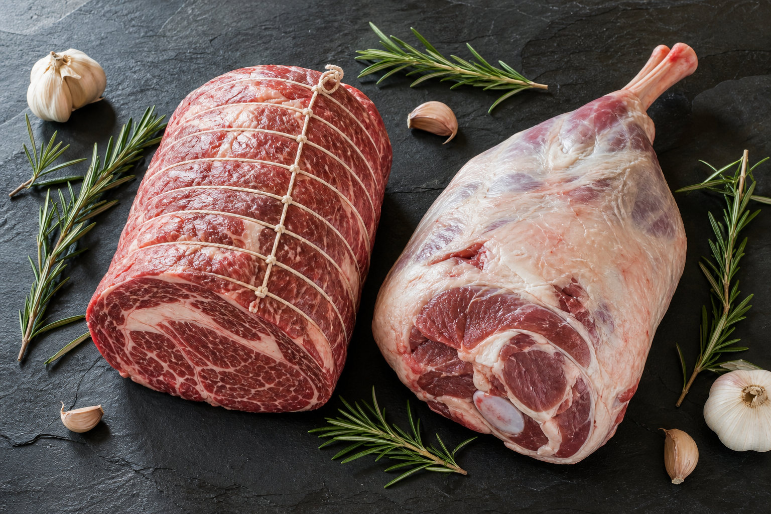 Raw beef round roast and bone-in leg of lamb displayed side by side on a dark slate surface