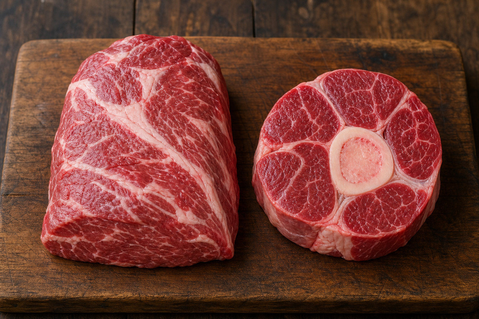 Raw beef chuck roast and beef shank displayed side by side on a butcher block