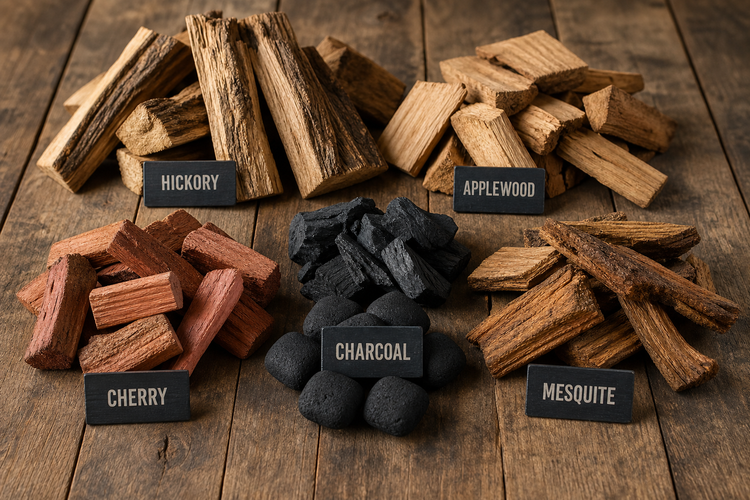 How to Double-Smoke a Pre-Cooked Ham or Roast for More Flavor 9 Assorted smoking wood chunks and charcoal arranged on a rustic wooden surface