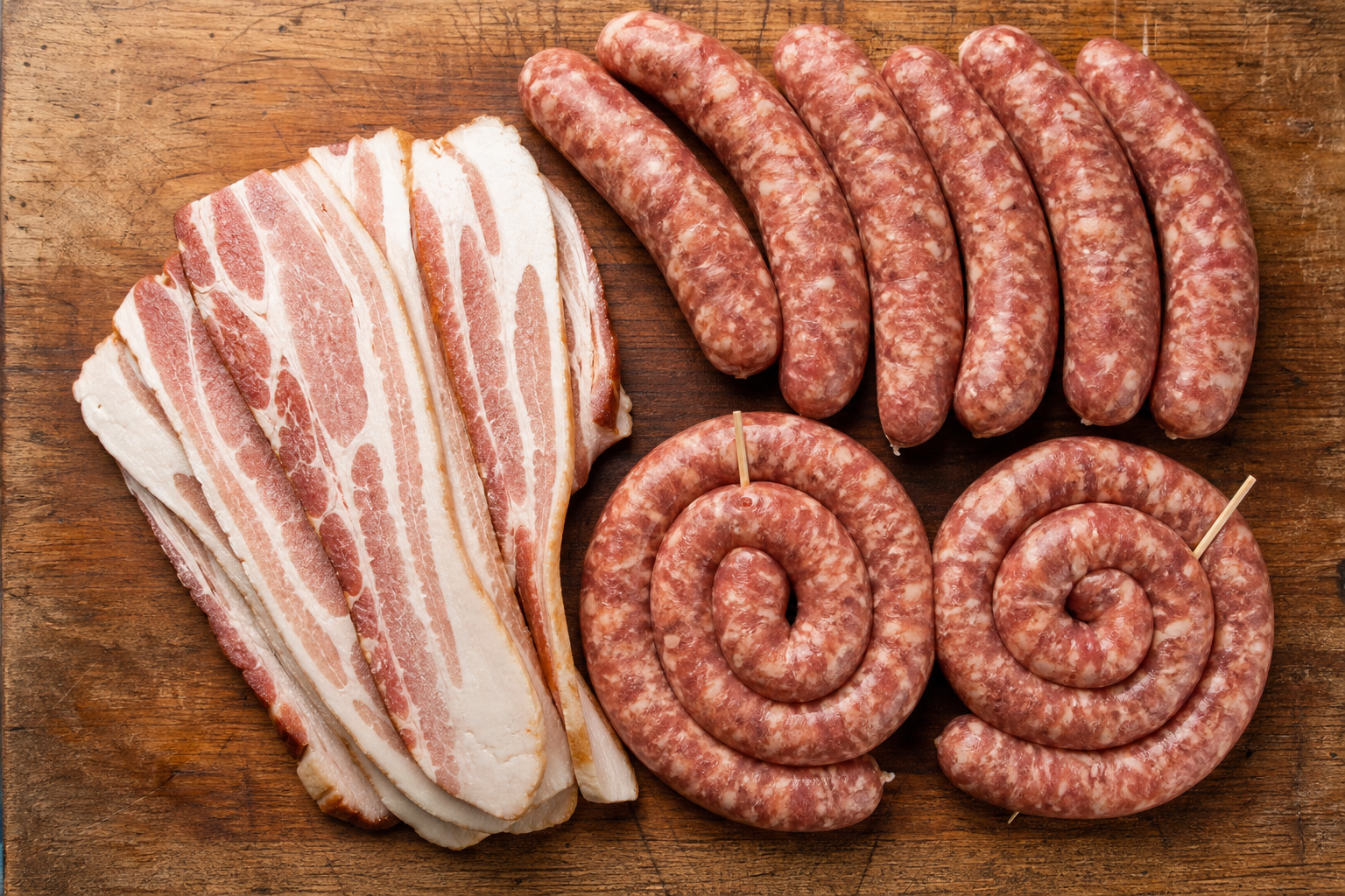 Smoked Pig Shots: The Ultimate Budget Tailgate Bite 8 Selection of raw smoked sausage links and thick-cut bacon strips on a wooden butcher block