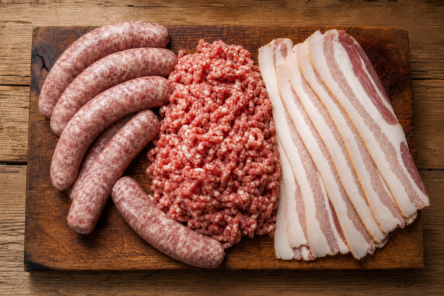 Raw sausage and thick-cut bacon strips arranged on a wooden butcher block