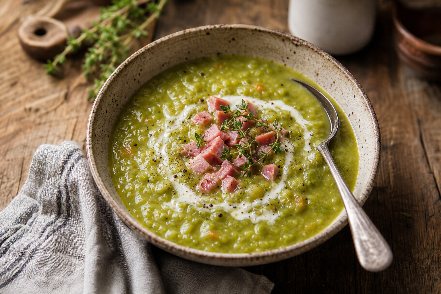 A bowl of thick green split pea soup topped with ham chunks and fresh herbs on a wooden table