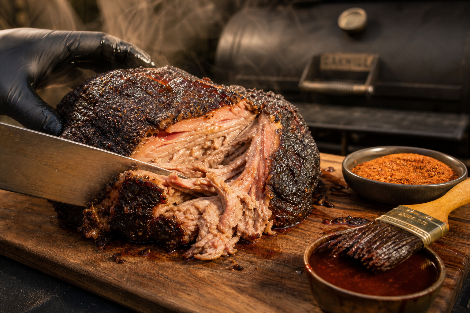 The Best Cheap Cuts to Inject for Big Flavor 13 Sliced smoked pork shoulder with dark bark crust alongside dry rub and basting sauce on a wooden cutting board
