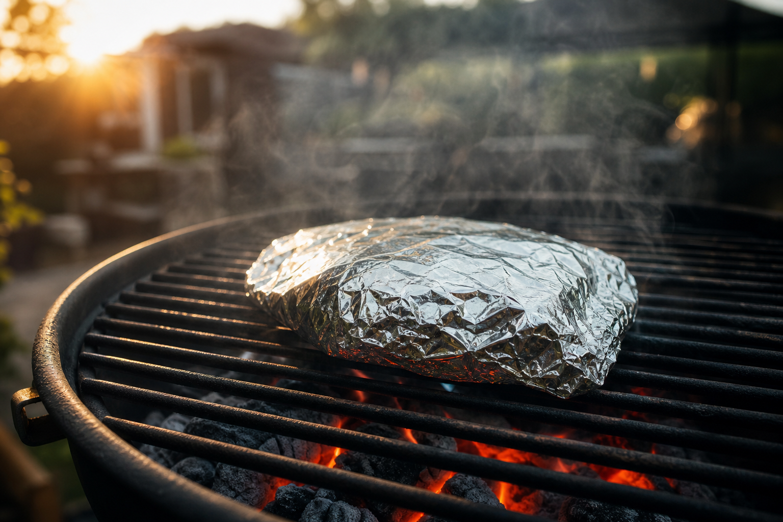 Smoked Sausage Foil Packets: A Cheap, No-Cleanup Meal 11 Sealed foil packet cooking on a hot charcoal grill with smoke rising around it