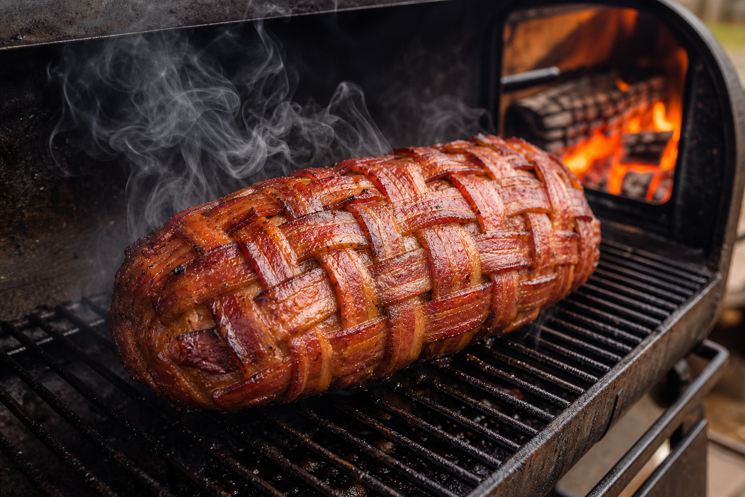 Bacon-weave wrapped pork roast smoking on the grates of an offset smoker with visible smoke