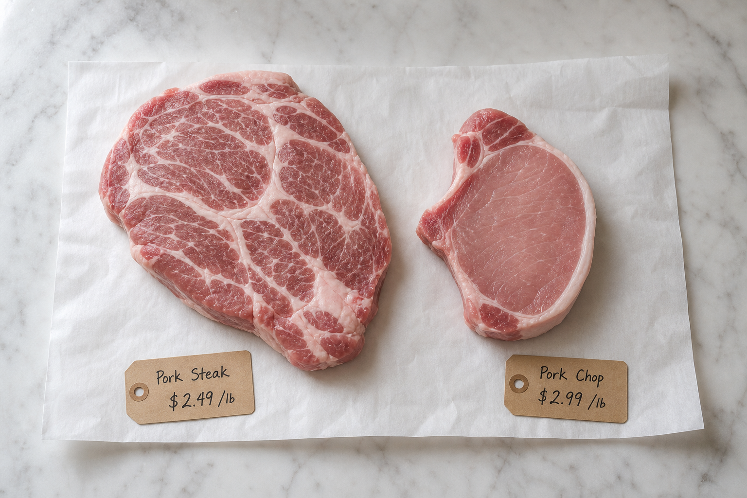 Pork Steak vs Pork Chop: Which Is the Better Budget Buy 7 Raw pork steak and pork chop on butcher paper with price tags showing cost comparison