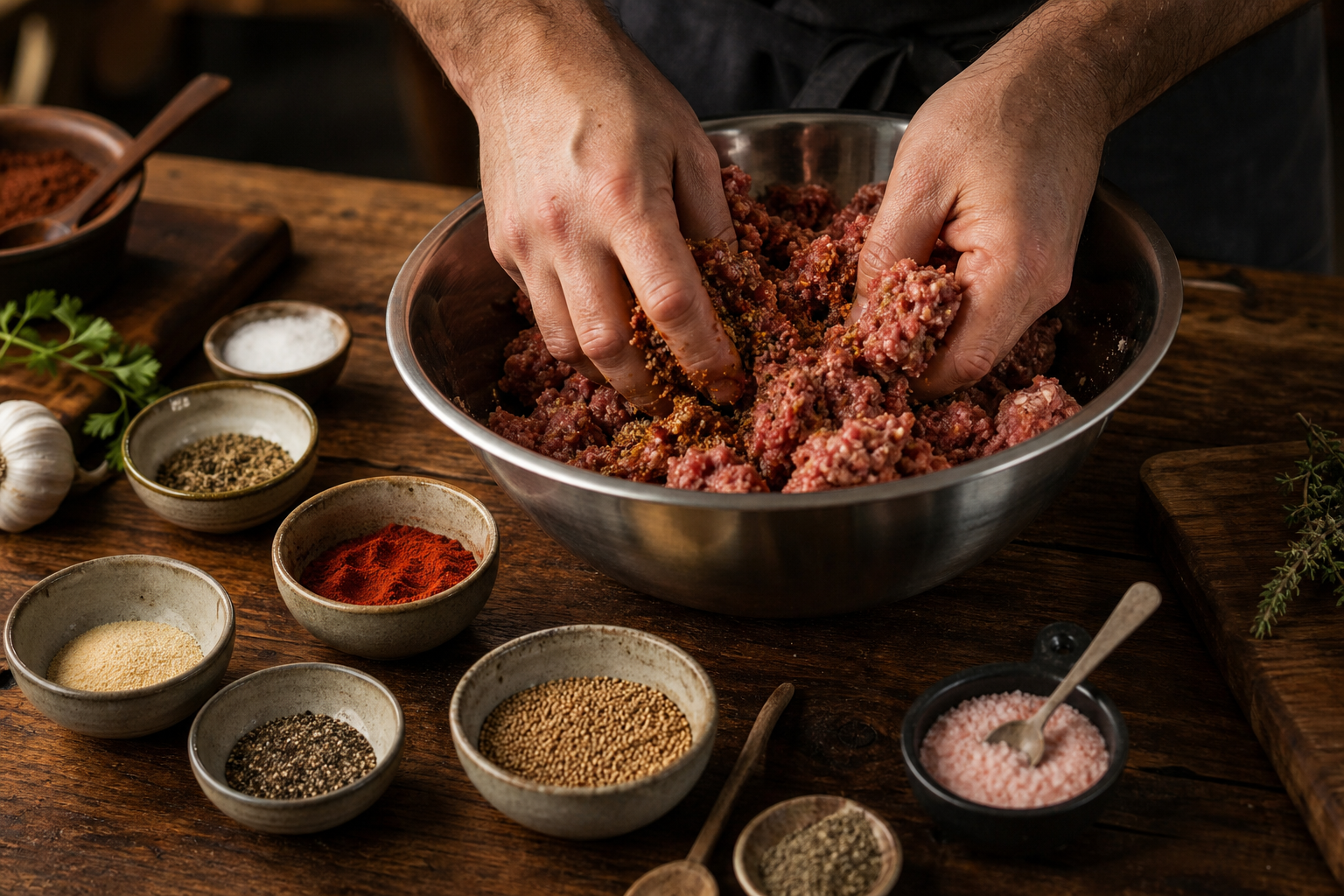 How to Make Snack Sticks From Cheap Ground Meat 9 Spices, curing salt, and seasoned ground meat being mixed in a stainless steel bowl