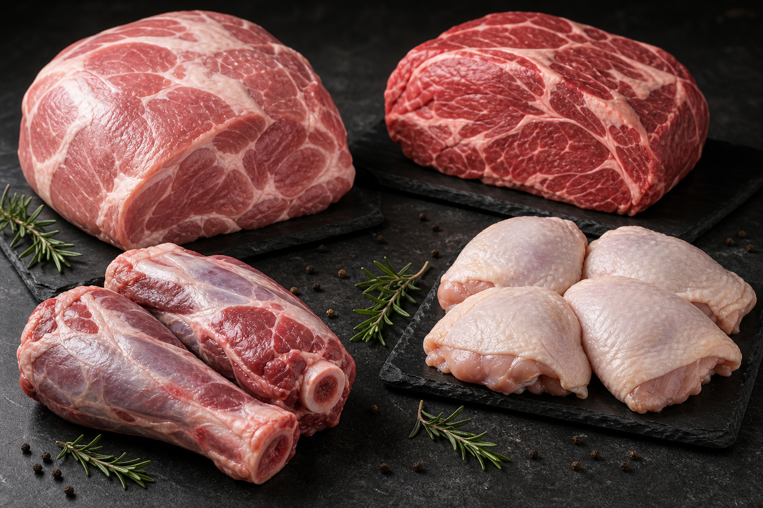 How to Read Meat Sale Cycles and Time Your Stock-Up 13 Artistic arrangement of raw value meat cuts including pork shoulder, chuck roast, chicken thighs, and lamb shanks on a dark slate surface