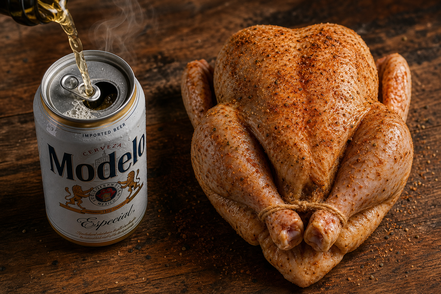 An open beer can next to a seasoned raw whole chicken on a rustic wooden surface