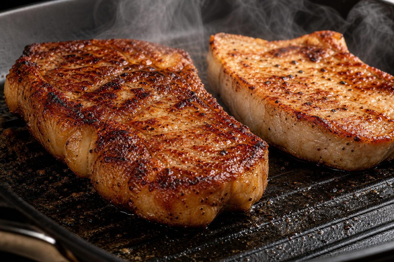 Pork Steak vs Pork Chop: Which Is the Better Budget Buy 8 Pork steak and pork chop searing side by side on a cast iron grill showing texture and fat differences