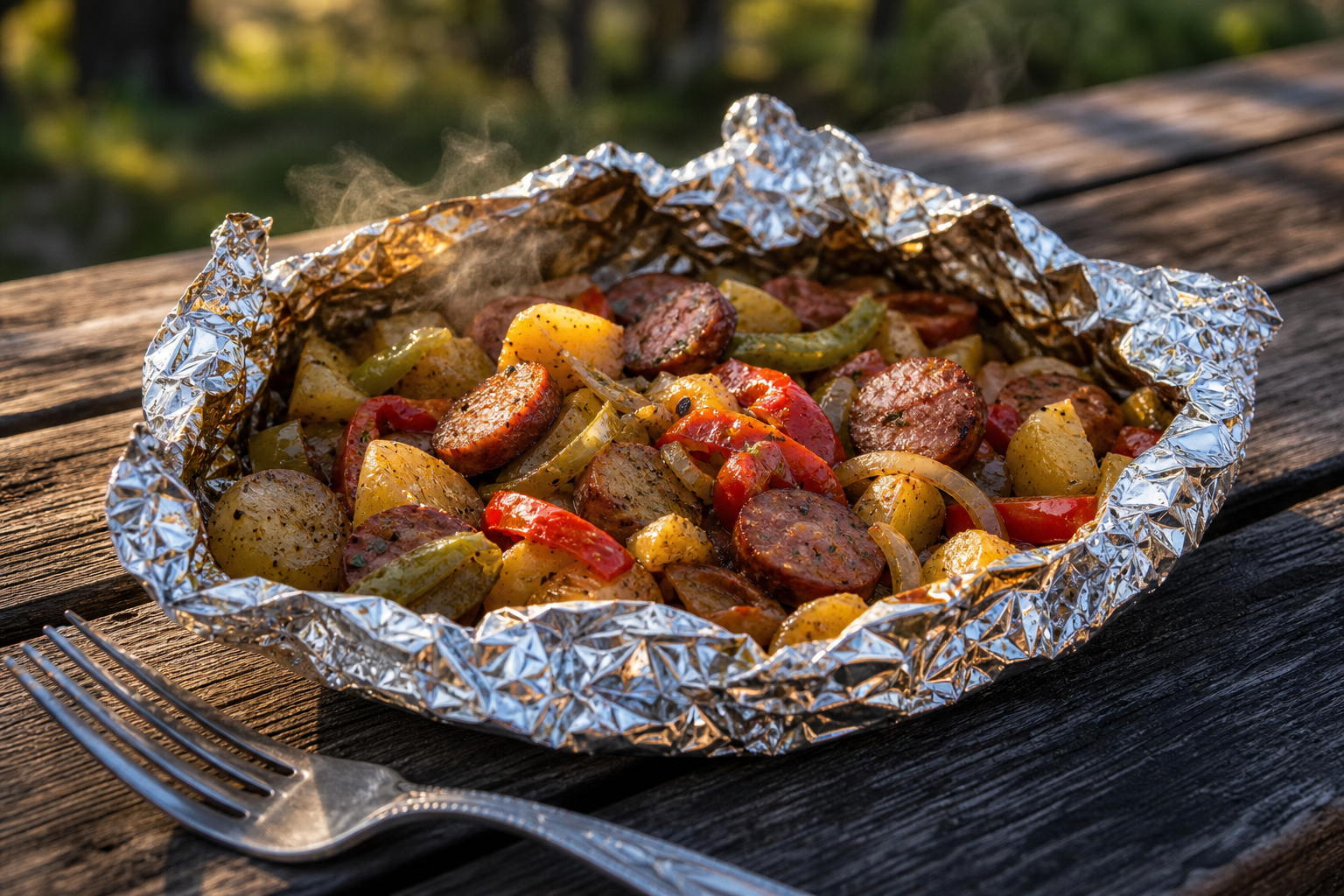 Smoked Sausage Foil Packets: A Cheap, No-Cleanup Meal 13 Opened cooked smoked sausage foil packet steaming on a rustic outdoor table