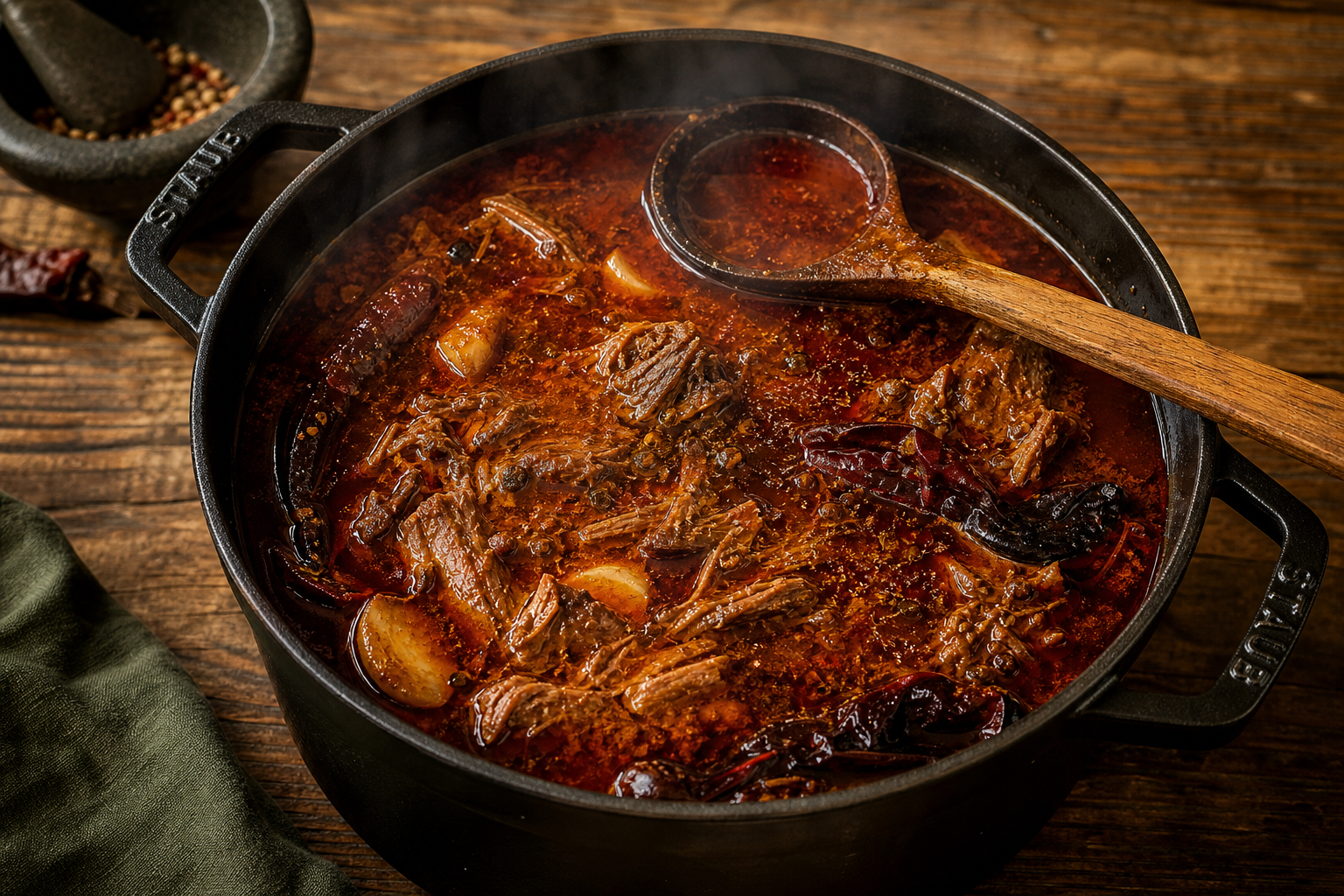 A cast iron Dutch oven filled with deeply colored birria braising liquid and tender beef