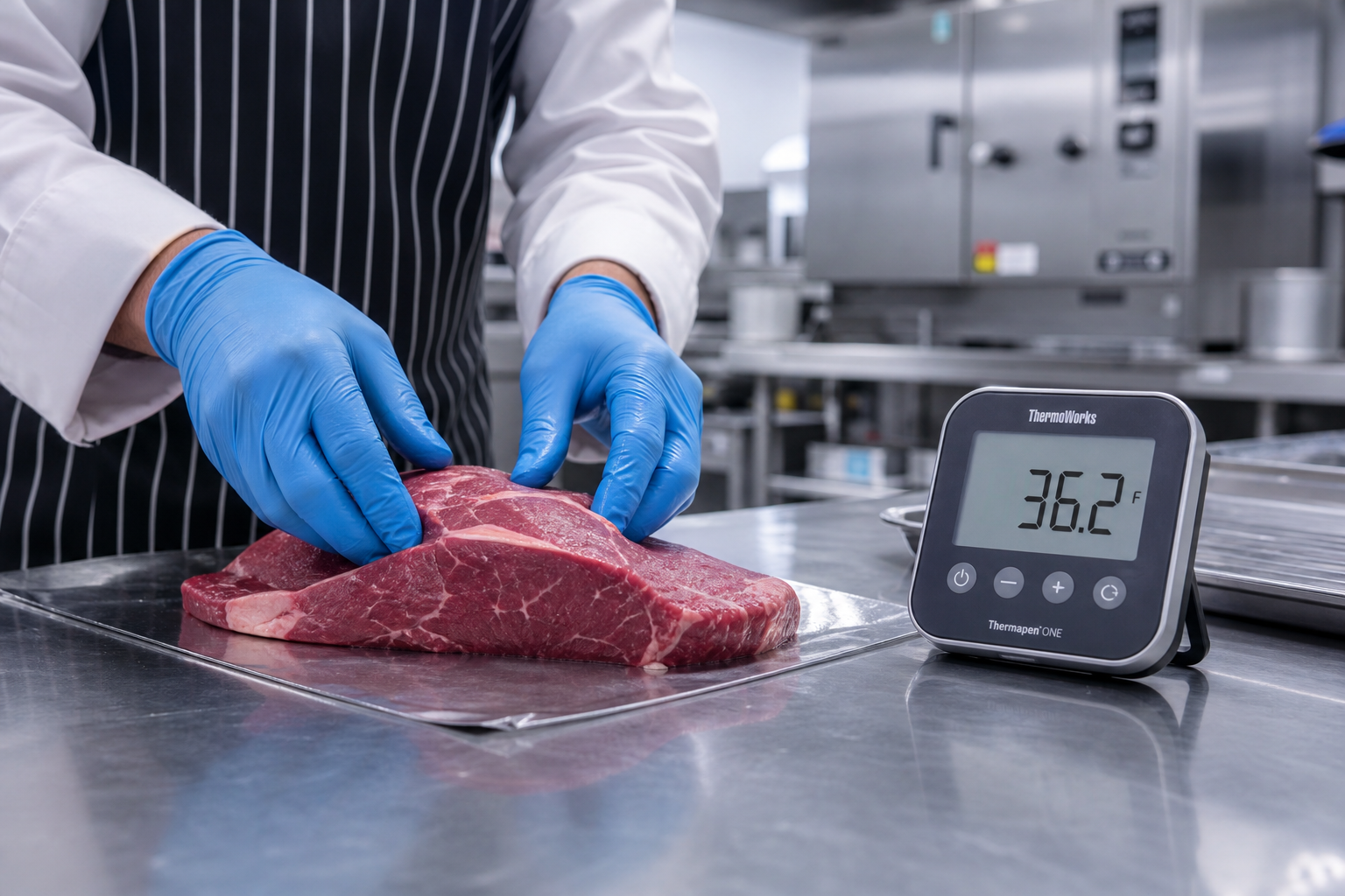Gloved hands handling raw beef on a stainless steel surface next to a digital meat thermometer