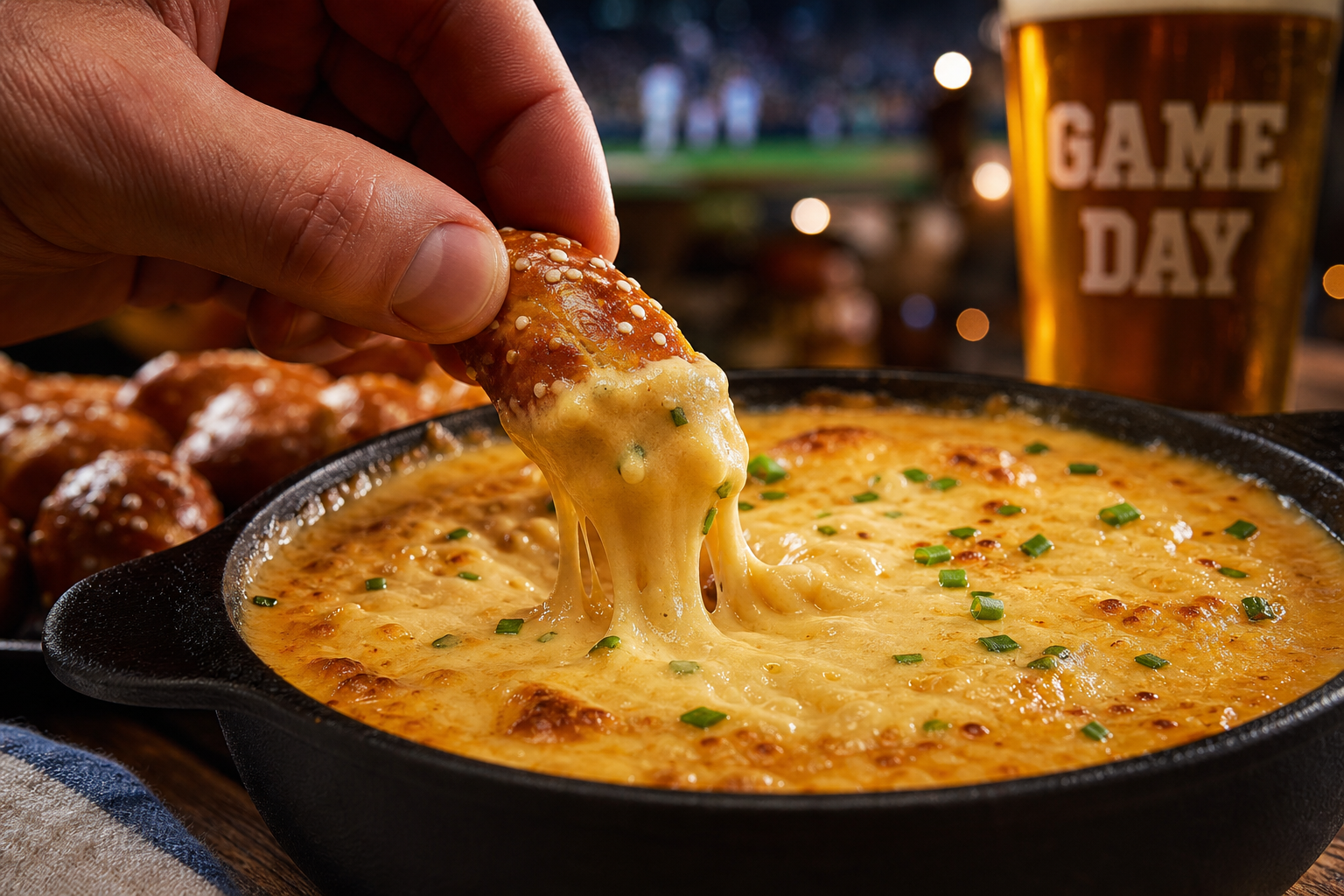 Smoked Beer Cheese Dip for Game Day on a Budget 13 Hand dipping a pretzel bite into creamy smoked beer cheese dip with a cheese pull