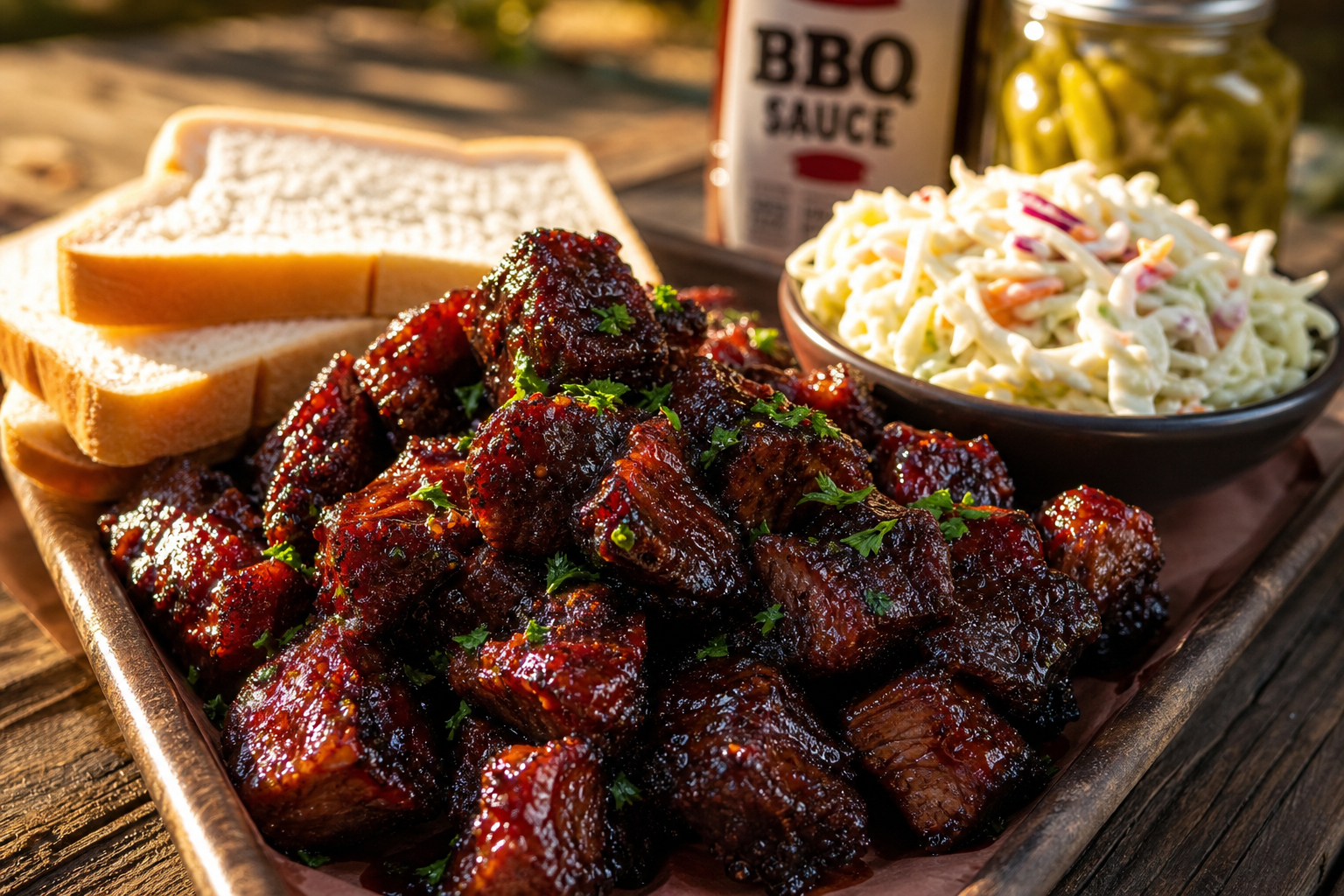 Poor Man's Burnt Ends From a Cheap Chuck Roast 9 Platter of finished poor man's burnt ends served with coleslaw and white bread