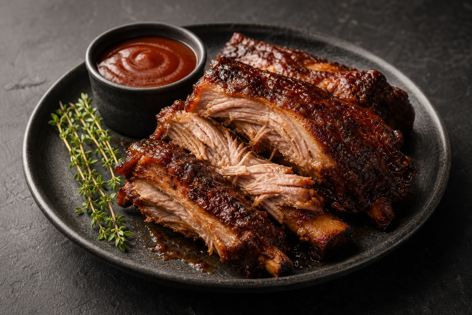Tender slow-cooked country-style ribs on a dark plate showing juicy interior texture