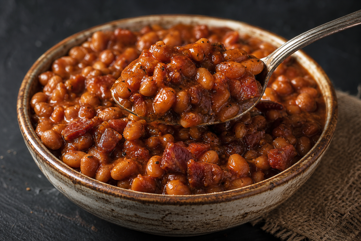Close-up of a ceramic bowl filled with rich glossy smoked baked beans with a spoon