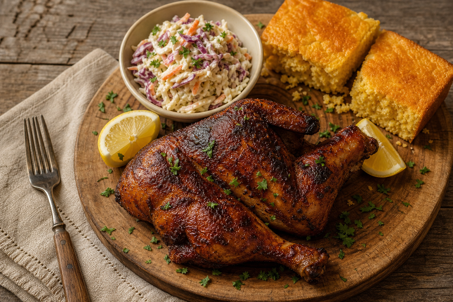 Smoked Chicken Halves: A Budget Way to Feed a Crowd 13 Smoked chicken half with crispy golden skin served on a wooden board with coleslaw and cornbread sides