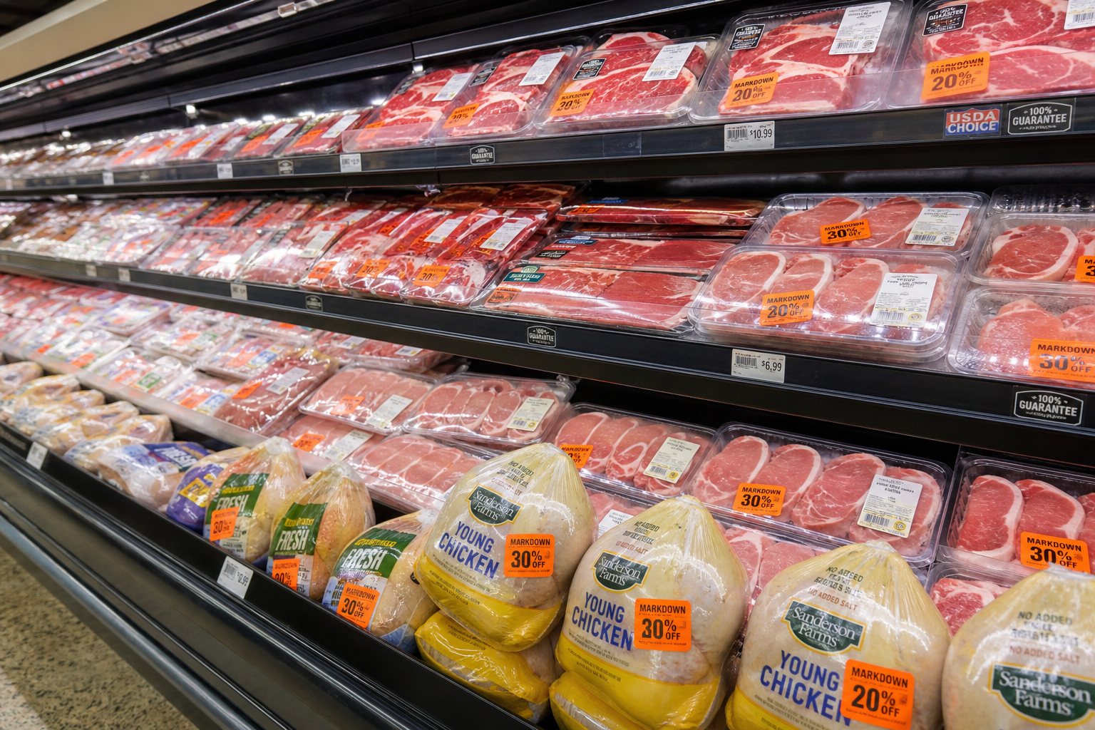 Grocery store meat display case filled with various markdown-discounted meat packages