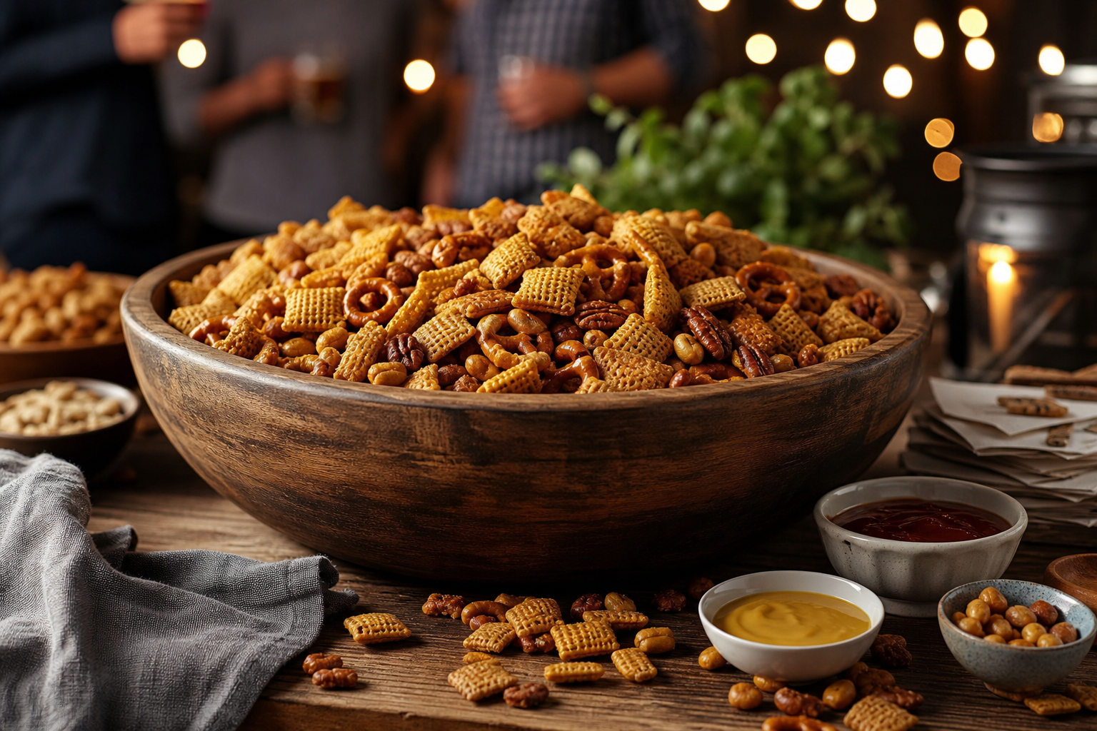 Smoked Chex Mix: An Easy Make-Ahead Party Snack 13 Large bowl of smoked Chex Mix on a party snack table with warm ambient lighting in the background