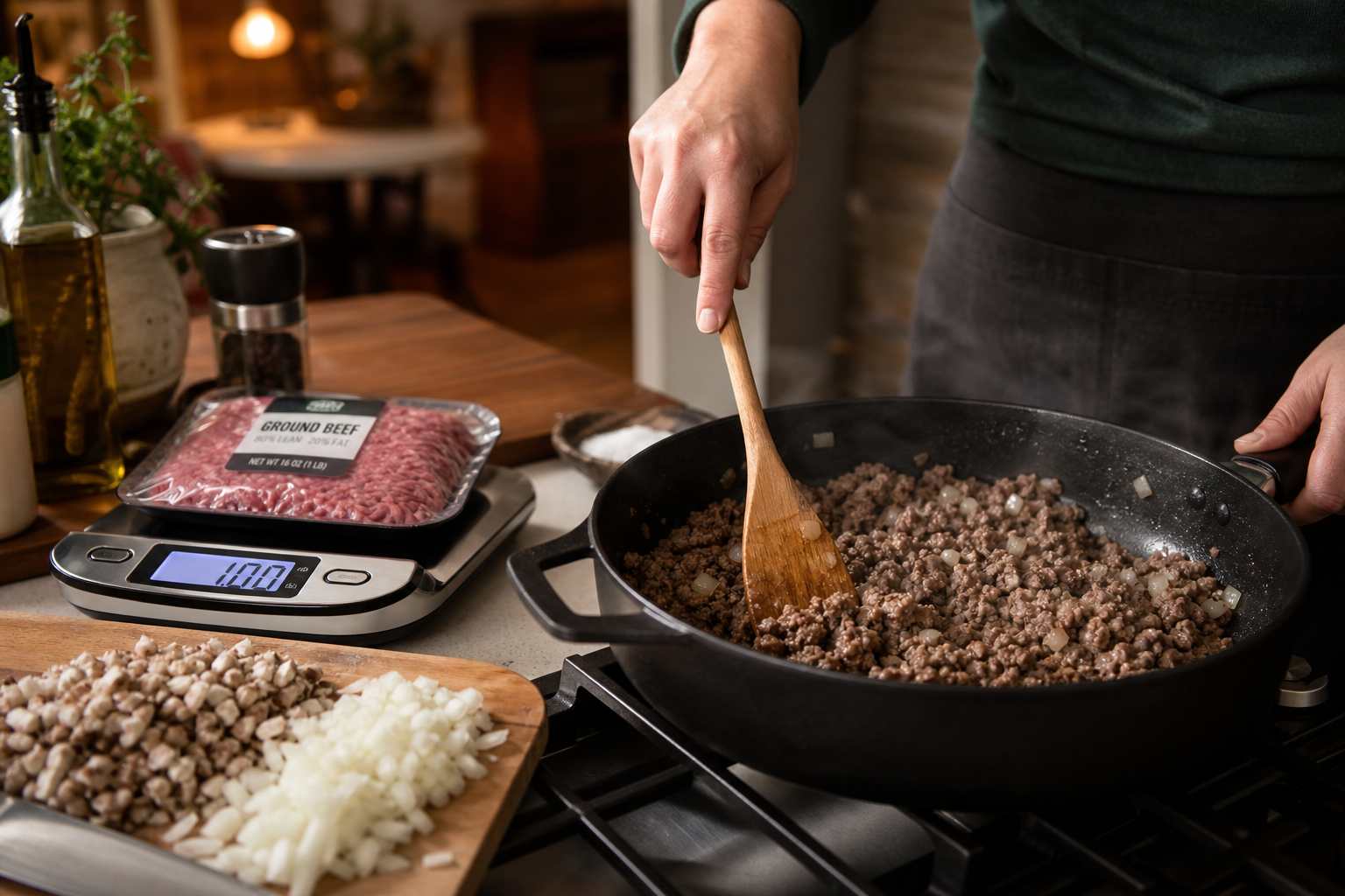 A home cook stretching ground beef in a skillet on the stovetop with a kitchen scale and chopped vegetables nearby