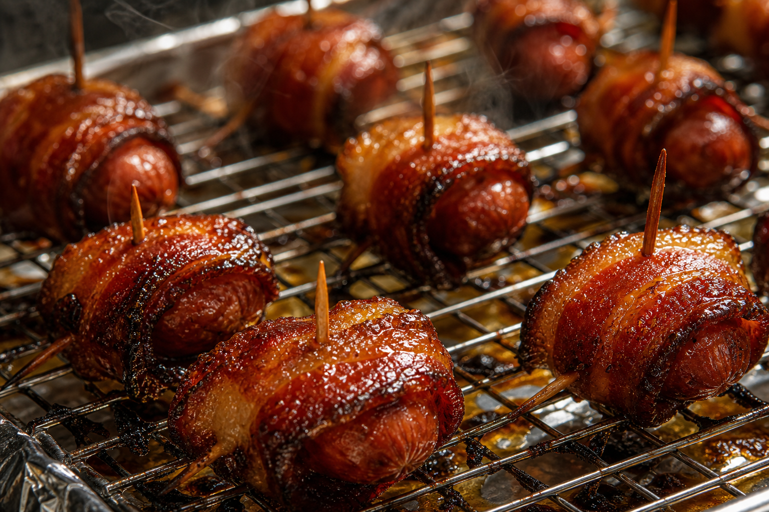 Crispy caramelized bacon-wrapped smokies on a wire rack fresh from the oven