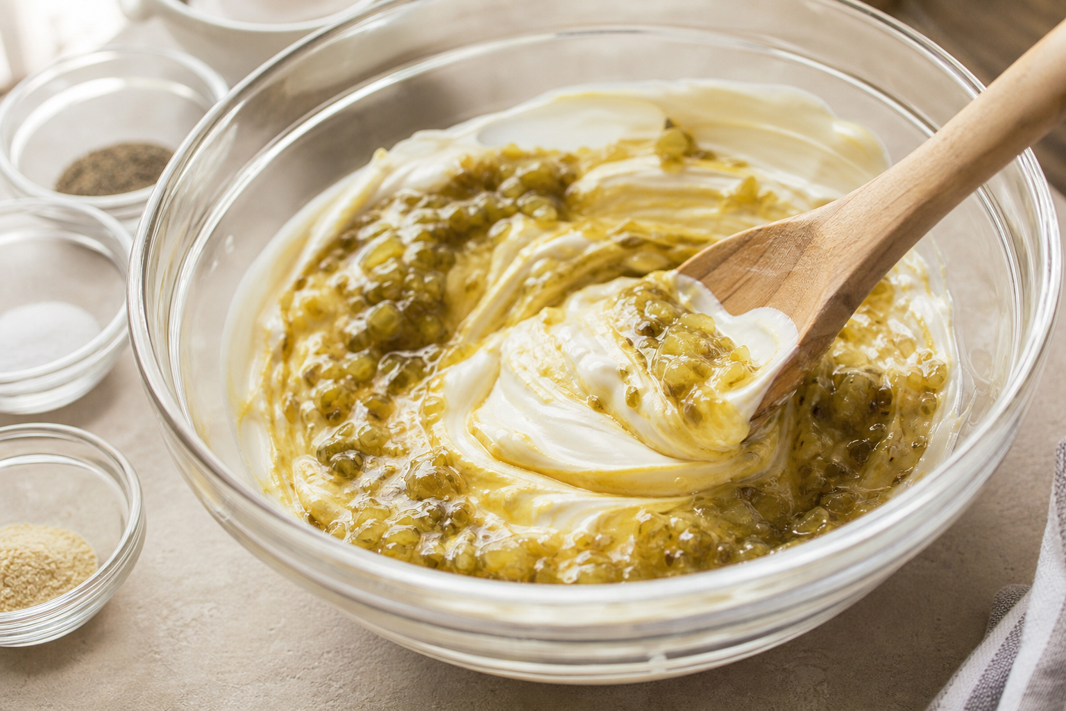 Creamy macaroni salad dressing being stirred in a glass mixing bowl