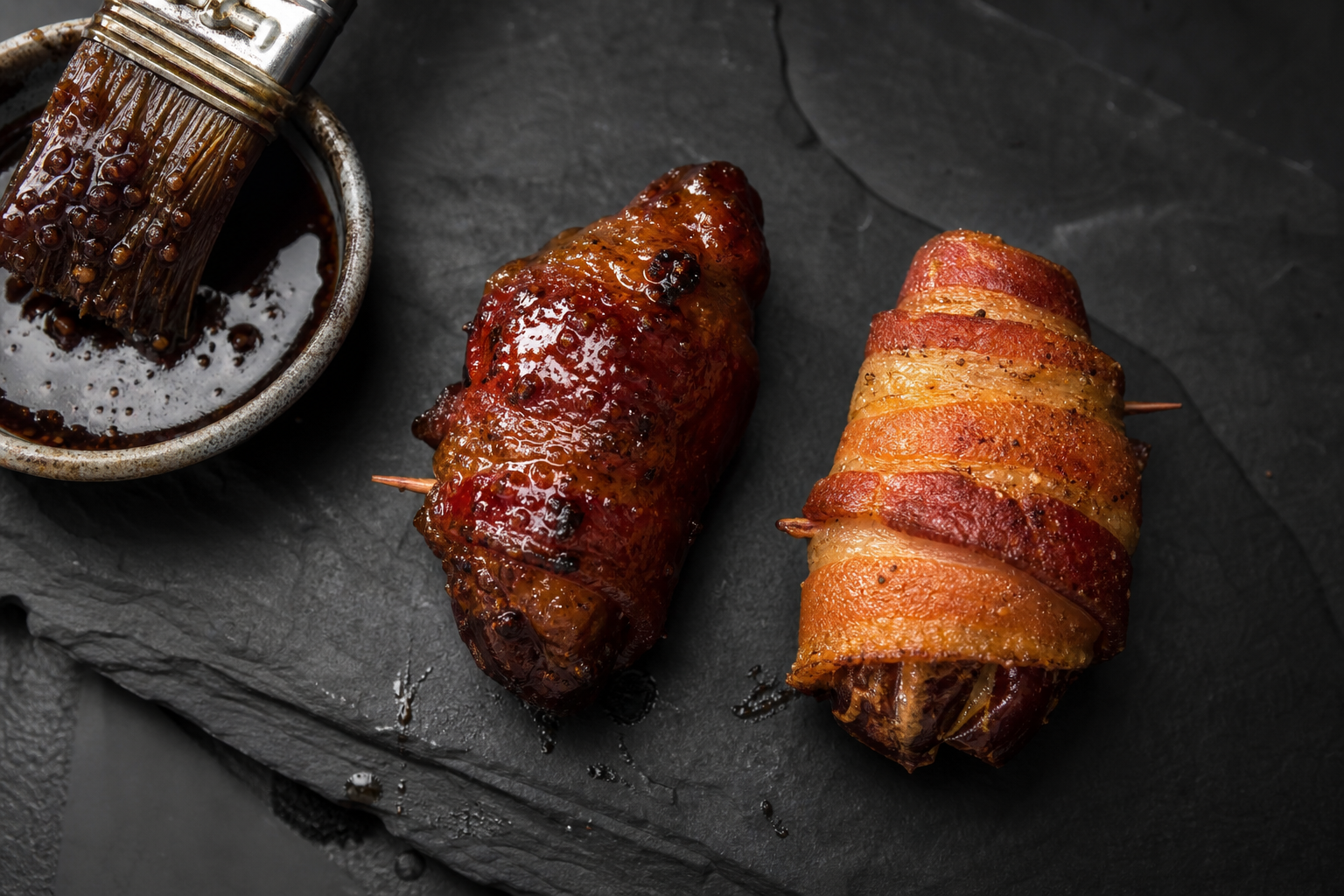 Two bacon-wrapped snacks comparing the effect of sugary glaze versus no glaze on crispiness