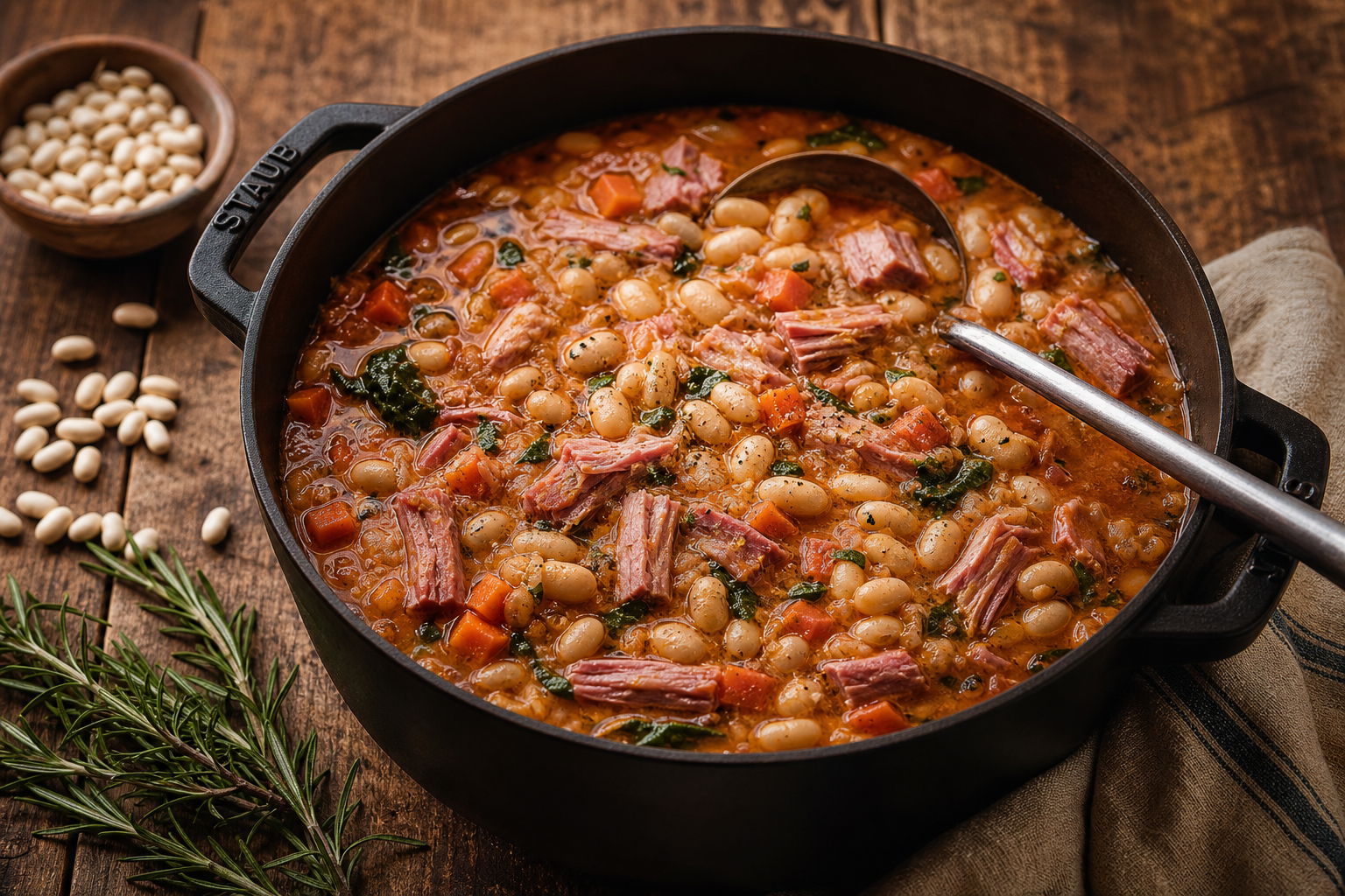 A cast iron pot filled with hearty ham and white bean stew with vegetables and rich broth