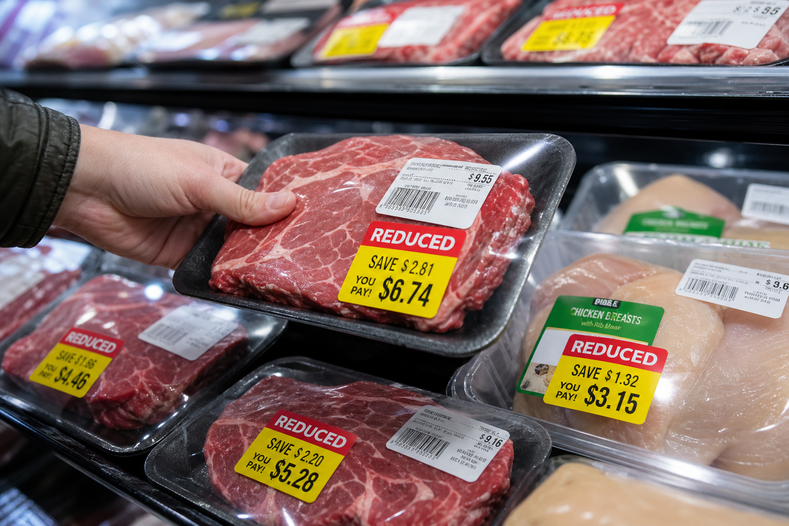How to Read Meat Sale Cycles and Time Your Stock-Up 10 Grocery store meat case with markdown sale stickers on packaged cuts being selected by a shopper