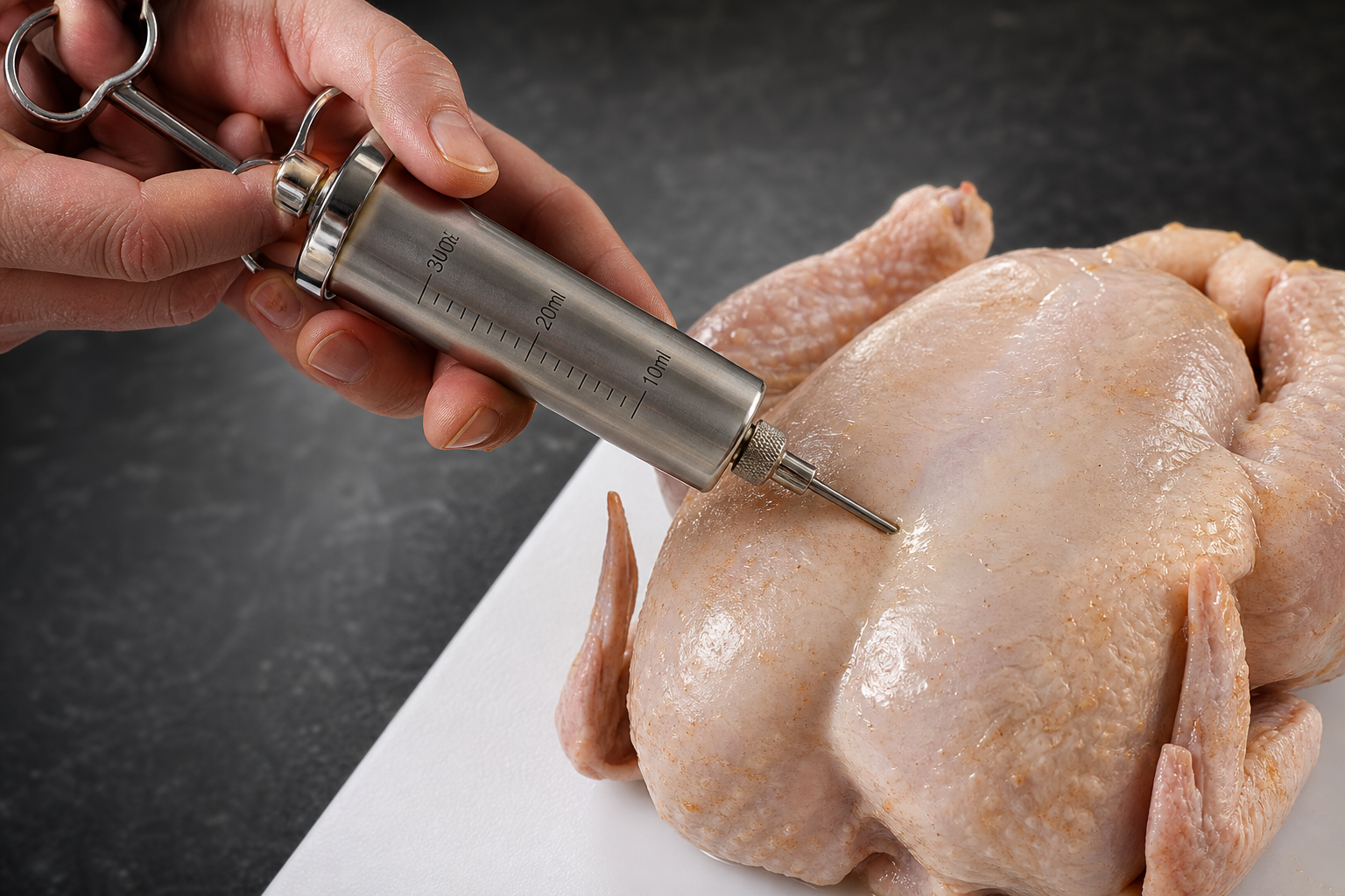 Chicken Injection for Juicy, Flavorful Smoked Birds 9 Hands injecting marinade into a raw whole chicken breast using a stainless steel syringe