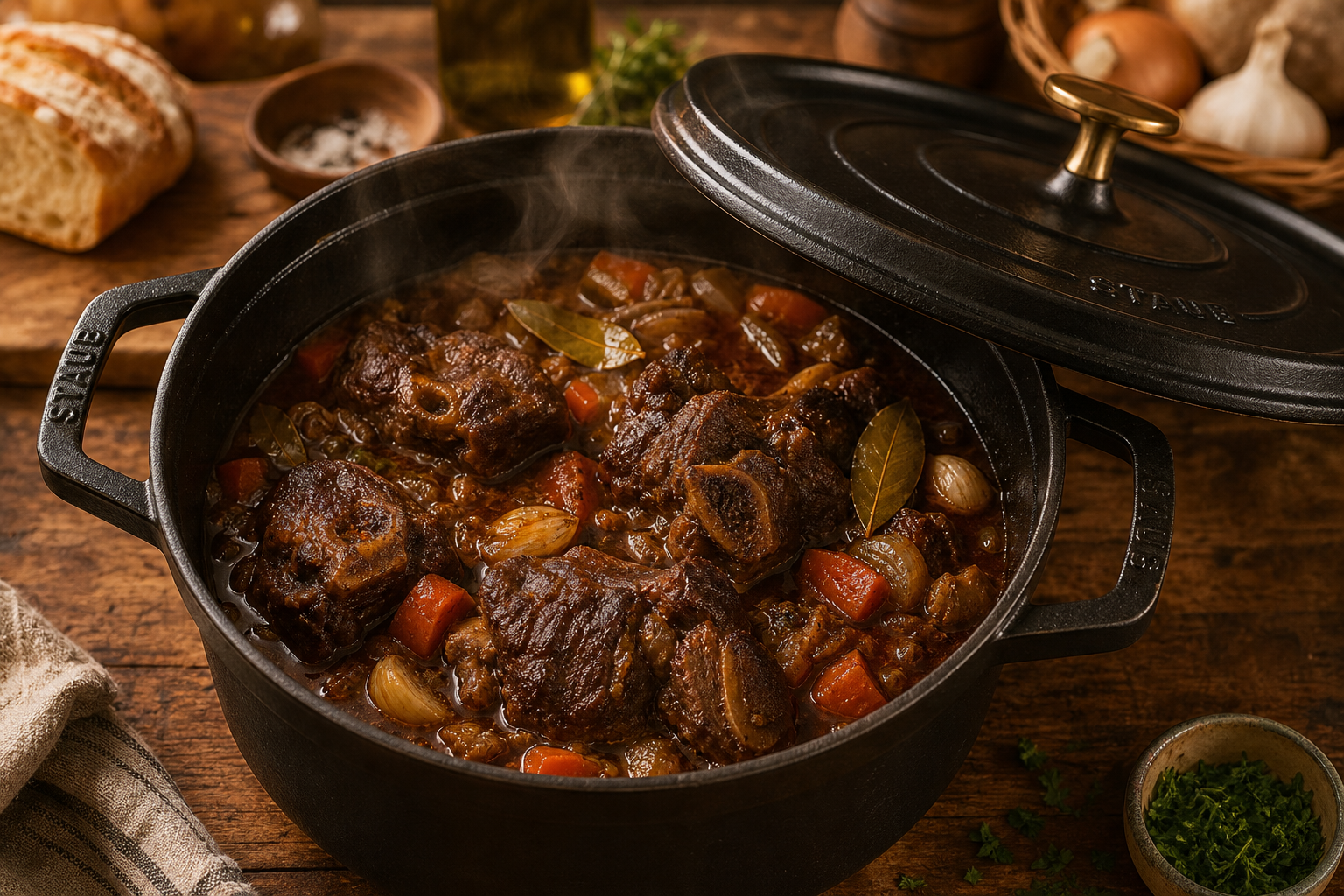 Cast iron Dutch oven filled with braising beef neck bones and aromatics with steam rising