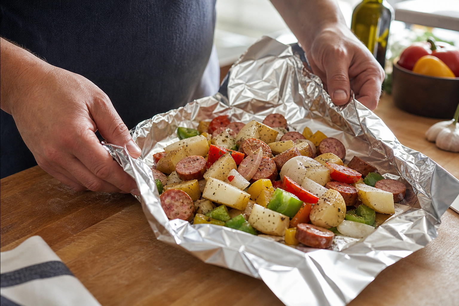 Smoked Sausage Foil Packets: A Cheap, No-Cleanup Meal 9 Hands folding aluminum foil around sausage and vegetable ingredients to form a packet
