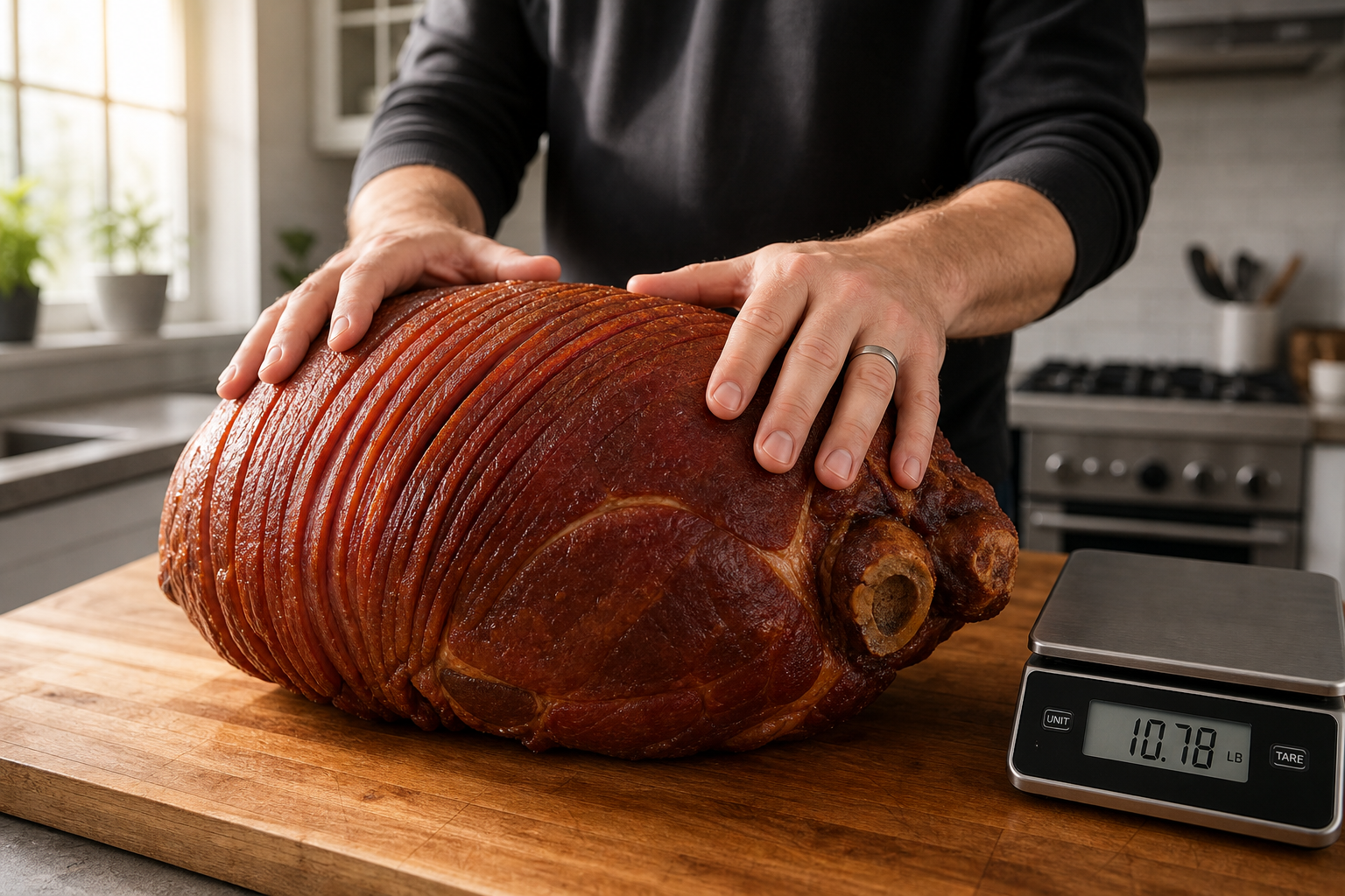 Hands examining a spiral-cut ham on a wooden cutting board next to a kitchen scale