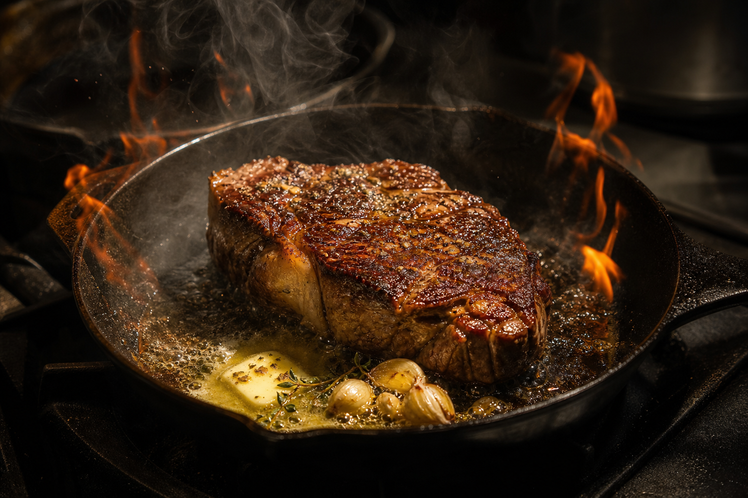 Chuck Eye Steak: The Budget Ribeye to Ask Your Butcher For 9 Chuck eye steak searing in a cast iron skillet with butter and garlic over high heat