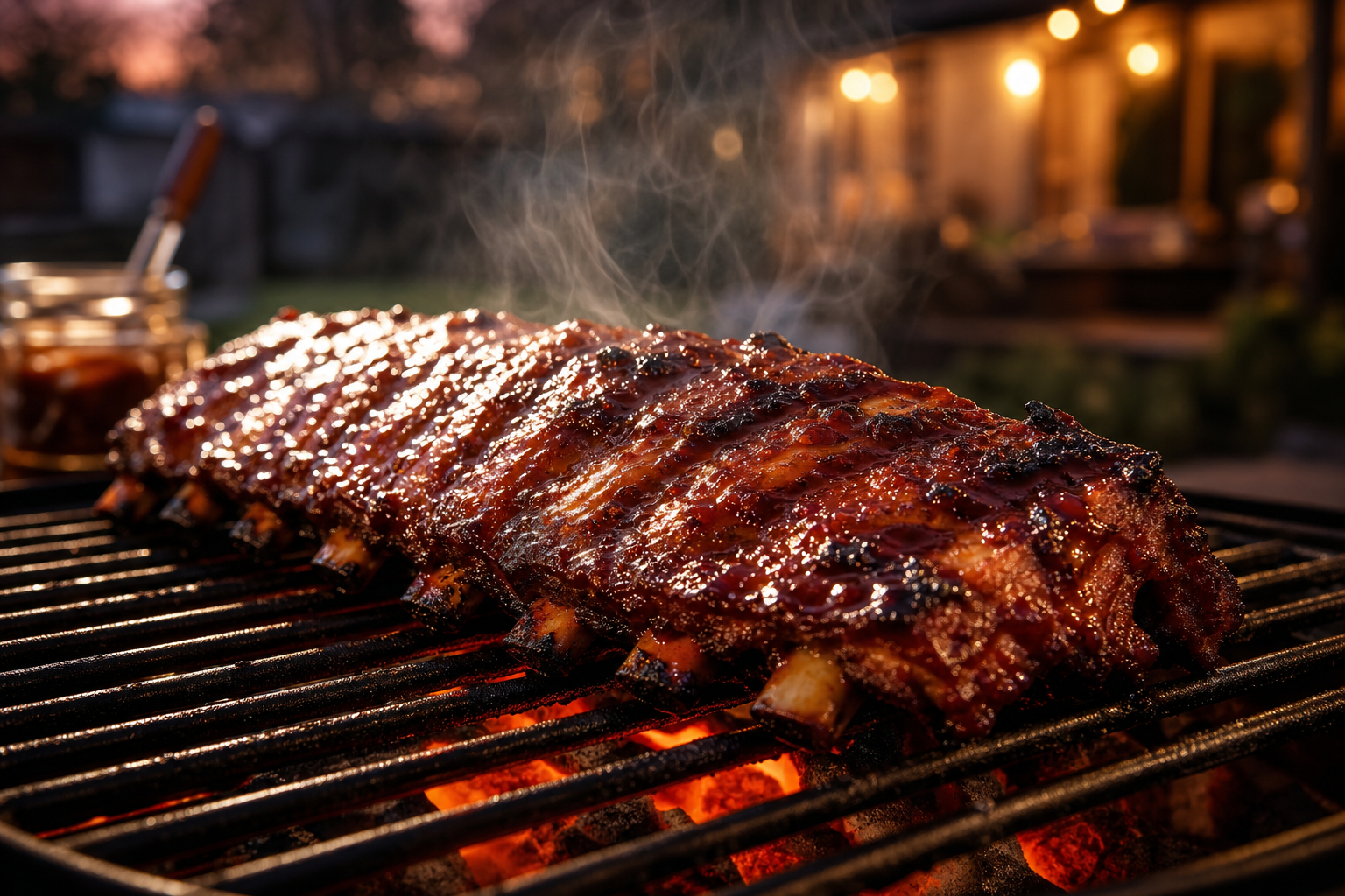 Country-style pork ribs grilling over charcoal with caramelized glaze and smoke