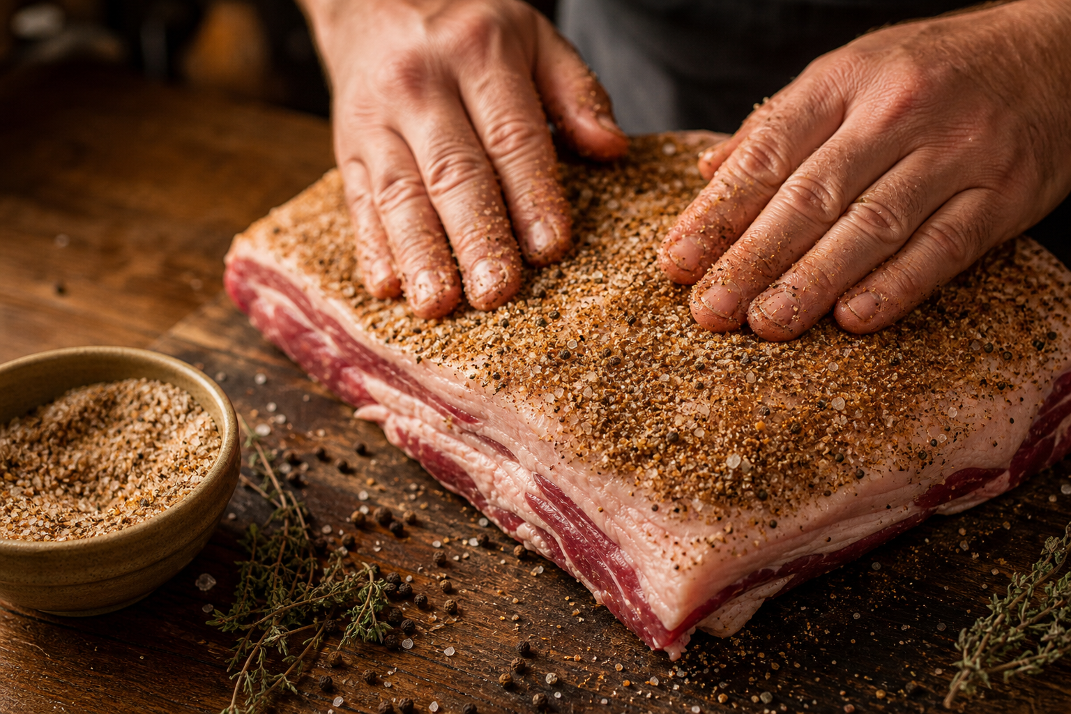 Hands rubbing dry curing salt and spice mixture onto a beef belly slab